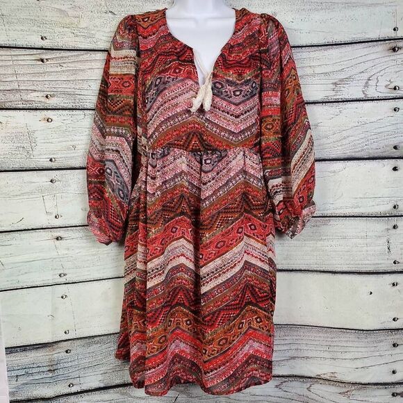 Umgee USA Boho Peasant Dress Size M Long Sleeve Tie Neck Multicolor Print - Picture 1 of 8